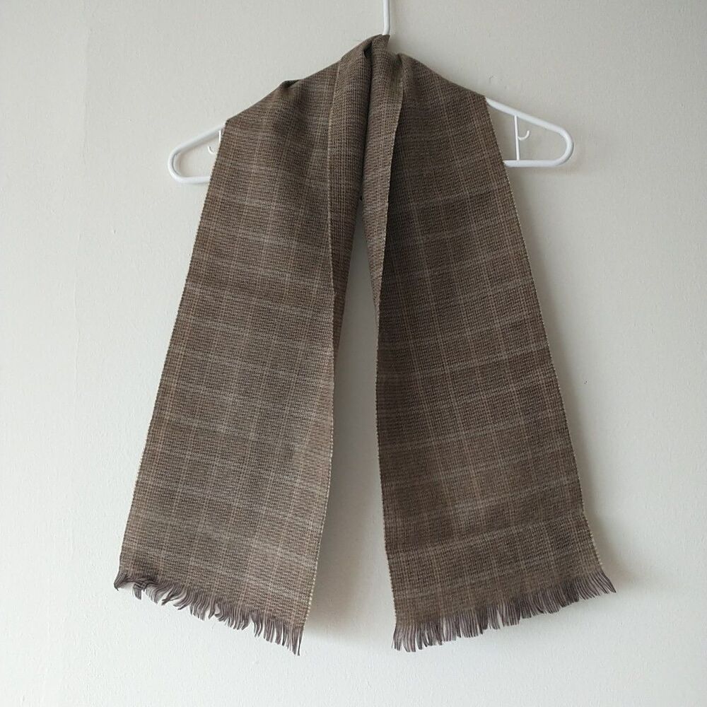 Vtg F.A.I. JAPAN Scarf Unisex Brown Plaid 100% Wool Fringes Rectangle
